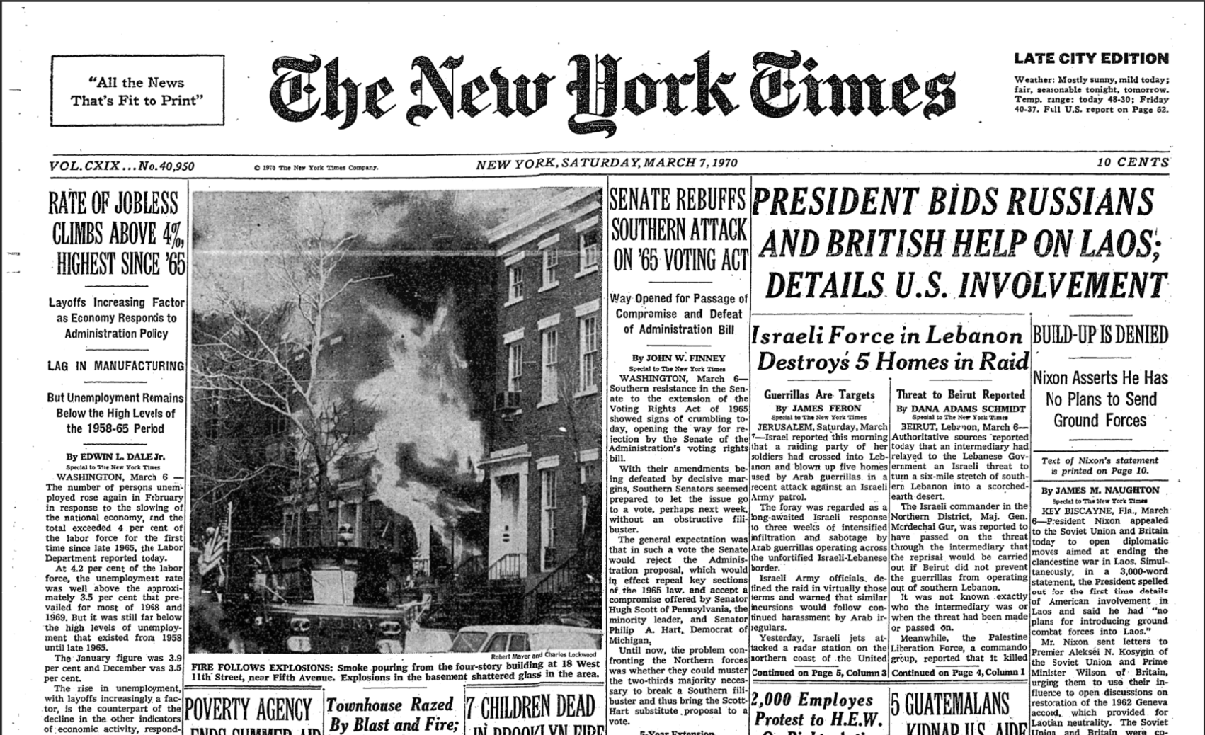 New York Times front cover from March 7, 1970