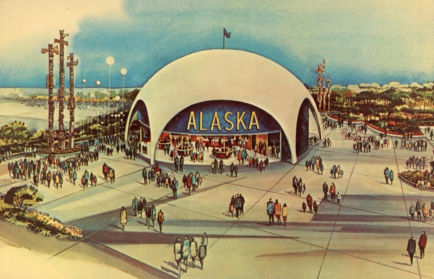 An artist's rendering of the Alaska Pavilion at the 1965 New York World's Fair. Tharp performed Stage Show at the entrance to the pavilion. 